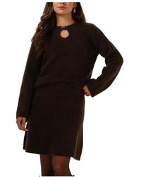 SELECTED - Kleedjes ,Bruin ,Wol Slflulu Brushed Ls Knit Keyhole O-Neck - Lyst