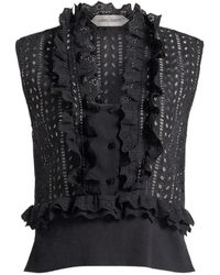 Alberta Ferretti - Tops ,Zwart ,Katoen Top Met Ruches En Oogjes En Hoge Hals - Lyst