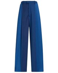 Marni - Blauwe Wollen Gestreepte Wijde Pijp Broek - Lyst
