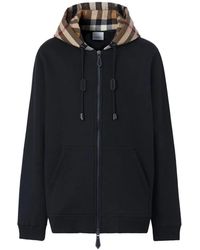 Burberry - Hoodies & Sweatvesten ,Zwart ,Katoen Geruite Capuchonrits Jas - Lyst