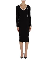Elisabetta Franchi - Geripptes v-ausschnitt midi-kleid mit stickerei - Lyst