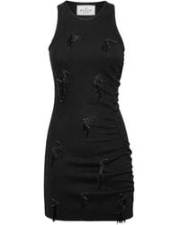 Philipp Plein - Kleedjes ,Zwart ,Katoen Jersey Rib Korte Jurk Franje - Lyst