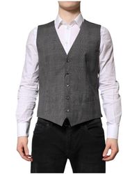 Dolce & Gabbana - Kostuums ,Grijs ,Wol Grijze Geruite Wol Formeel Jurk Vest - Lyst