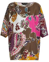 Marina Rinaldi - Zijden Bootnek Blouse Met Ornamenteel Patroon - Lyst