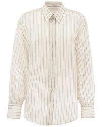 Brunello Cucinelli - Camisa de popelina de algodón y seda a rayas brillantes con collar - Lyst
