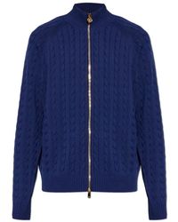 Versace - Truien & Vesten ,Blauw ,Katoen Cardigan Met Opstaande Kraag - Lyst