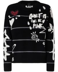 Pinko - Truien & Vesten ,Zwart ,Wol Intarsia Stripe V-Neck Gebreide Trui - Lyst