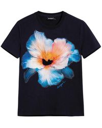 Desigual - Tops ,Blauw ,Katoen Floral T-Shirt Met Korte Mouwen En Ronde Hals - Lyst