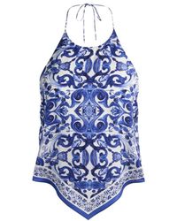 Alice + Olivia - Tops ,Blauw ,Satijn Frenchie Handkerchief Halter Top - Lyst