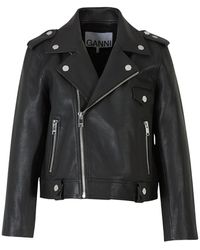 Ganni Cropped Biker Jacket - Zwart