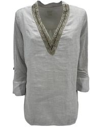 120% Lino - Overhemden ,Wit ,Linnen Parel Linnen Blouse Met Kralenversieringen - Lyst