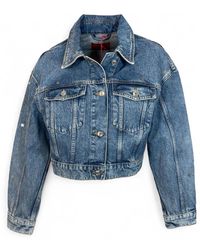HUGO - Cropped denim trucker jacket mit stack logo - Lyst