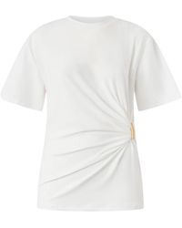 Pinko - Tops ,Wit ,Katoen T-Shirt Met Draperie En Gouden Detail - Lyst