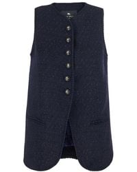 Etro - Jassen ,Blauw ,Wol Mouwloze Jas Met Ronde Hals - Lyst