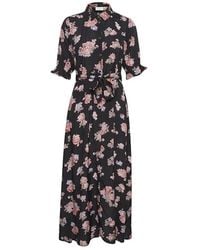 Kaffe - Kleedjes ,Veelkleurig ,Satijn Zwarte Diepe Maxi Jurk Met Pofmouwen - Lyst