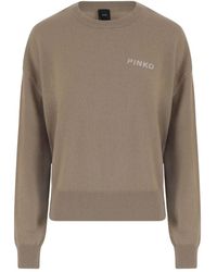 Pinko - Truien & Vesten ,Bruin ,Wol Logo Wol Kasjmier Crew Neck Sweater - Lyst