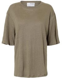 SELECTED - Tops ,Groen ,Linnen Linnen T-Shirt Vetiver Relaxte Pasvorm - Lyst