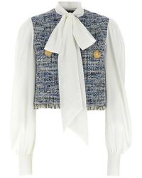 Balmain - Overhemden ,Veelkleurig ,Tweed Blauwe Tweed Inzet Overhemd Met Strik - Lyst