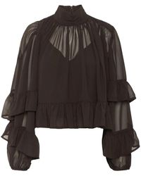 Gestuz - Overhemden ,Bruin ,Elegante Mesh Blouse Met Ruches - Lyst