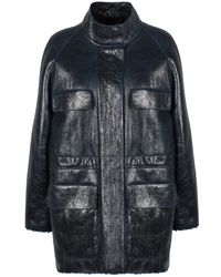 Fendi - Jassen ,Blauw ,Raglan Leren Jas Met Trekkoord Taille - Lyst