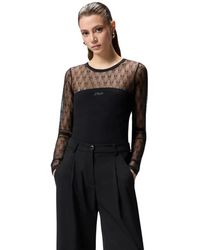Pinko - Tops ,Zwart ,Katoen Geribbelde Katoenen Jersey Body Met Lange Mouwen - Lyst