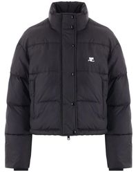 Courreges - Jassen ,Zwart ,Nylon Zwarte Gewatteerde Cropped Jas Met Logo Borduursel - Lyst