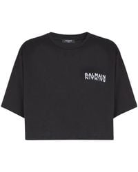 Balmain - Tops ,Zwart ,Katoen Cropped T-Shirt Met Print - Lyst