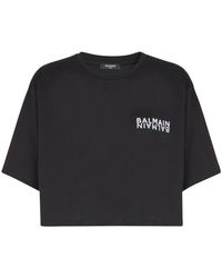 Balmain - Tops ,Zwart ,Katoen Cropped T-Shirt Met Print - Lyst