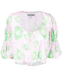 Ganni - Overhemden ,Veelkleurig ,Polyester Geplooide Georgette Blouse Met U-Hals - Lyst