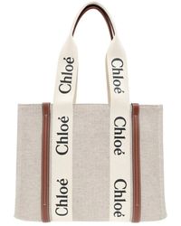 Chloé - Tassen ,Wit ,Linnen Medium Woody Tote Bag - Lyst