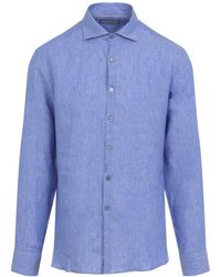 Canali - Overhemden ,Blauw ,Linnen Overhemd Met Knopen - Lyst