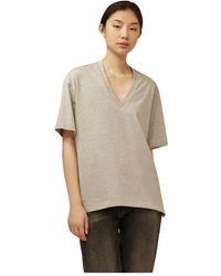 Semicouture - Overhemden ,Grijs ,Katoen Jasmine V-Hals Logo Print T-Shirt - Lyst