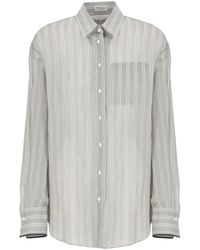 Brunello Cucinelli - Camisa gris a rayas con cuello y detalles de latón - Lyst