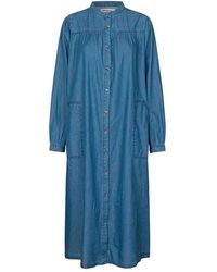 Lolly's Laundry - Kleedjes ,Blauw ,Katoen Blauwe Jurk Met Lange Mouwen En Mandarin Kraag - Lyst