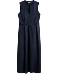 Woolrich - Kleedjes ,Blauw ,Blauwe V-Hals Jurk Met Riem En Zakken - Lyst