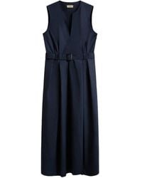 Woolrich - Kleedjes ,Blauw ,Blauwe V-Hals Jurk Met Riem En Zakken - Lyst