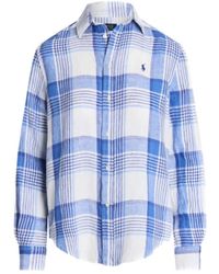 Ralph Lauren - Camicia in lino blu/bianca con logo - Lyst