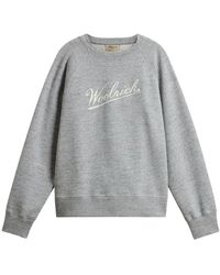 Woolrich - Hoodies & Sweatvesten ,Grijs ,Grijze Crew Neck Sweater Met Logo Print - Lyst