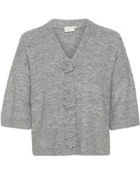 Kaffe - Truien & Vesten ,Grijs ,Polyester Grijze Melange Cardigan Met Bloemen - Lyst