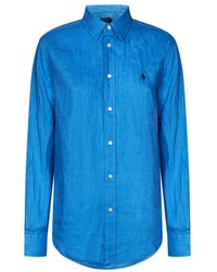 Ralph Lauren - Camicie in lino blu con ricamo pony - Lyst