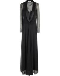 Alberta Ferretti - Rode Zijden V-Hals Lange Mouw Jurk - Lyst
