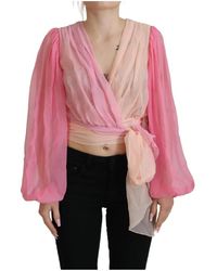 Dolce & Gabbana - Blusa avvolgente in seta rosa a maniche lunghe - Lyst