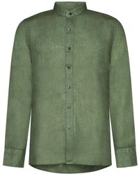 120% Lino - Camicia verde in lino con colletto a fascia - Lyst