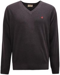 Brooksfield - Truien & Vesten ,Grijs ,Wol V-Hals Wollen Trui Grijs/Blauw - Lyst