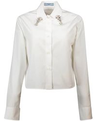 Prada - Overhemden ,Wit ,Katoen Witte Poplin Blouse Met Borduursel - Lyst