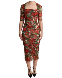 Dolce & Gabbana - Abito midi a tubino in tulle con stampa floreale rosso - Lyst