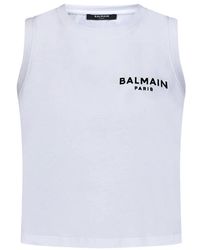 Balmain - Camiseta sin mangas de algodón blanco con logo flockado - Lyst