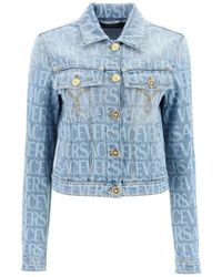 Versace - Jassen ,Blauw ,Denim Logo-Printed Denim Jacket - Lyst