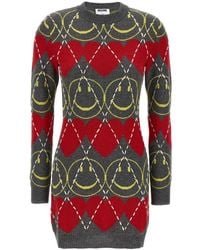Moschino - Wool Blend Mini Dress With Diamond-Stitched Pattern - Lyst