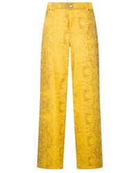 Roberto Cavalli - Broeken ,Geel ,Katoen Wijde Broek Met Broccato-Print - Lyst